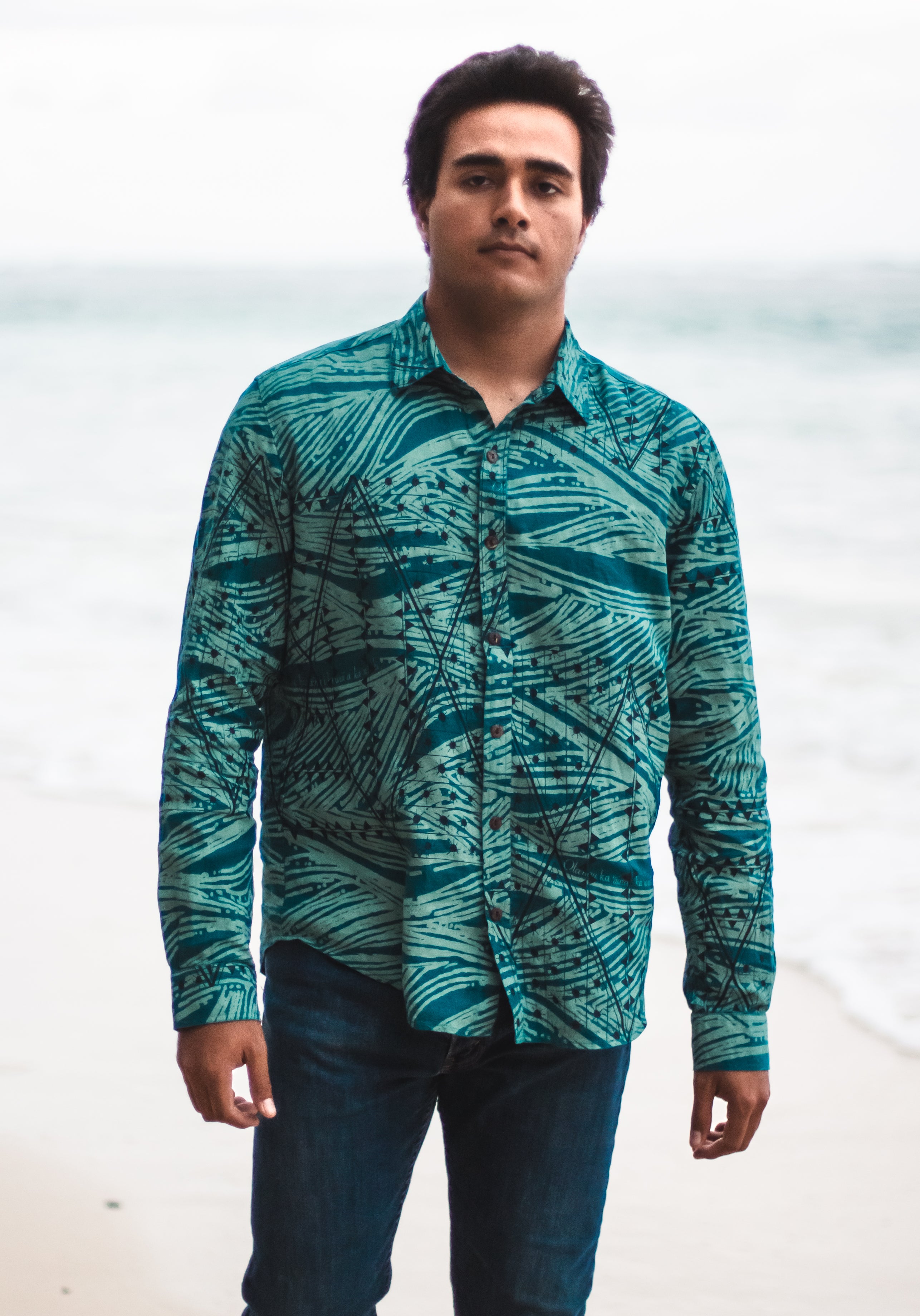 He Aloha No Lono | Linen Kāne Longsleeve Aloha Shirt - teal