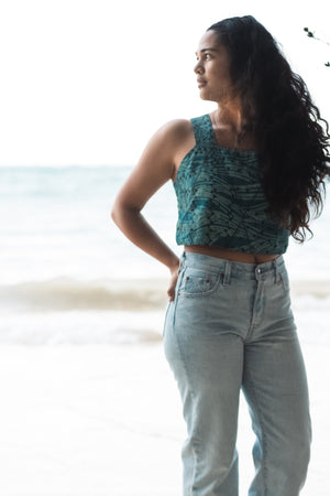 He Aloha No Lono | Linen Boxy Cropped Tank - teal